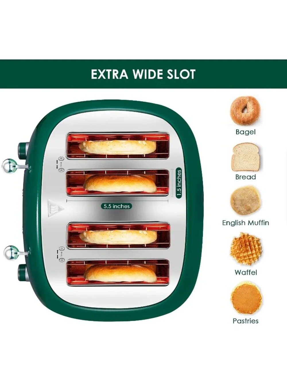 4 Slice Green Retro Stainless Steel with Bagel Defrost Cancel Function Toaster